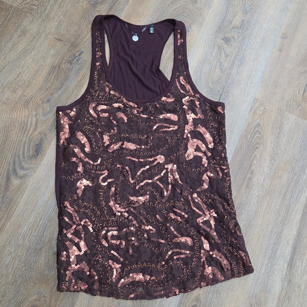 BKE Boutique Sequin Lace Racerback Tank Top Brown Copper Medium